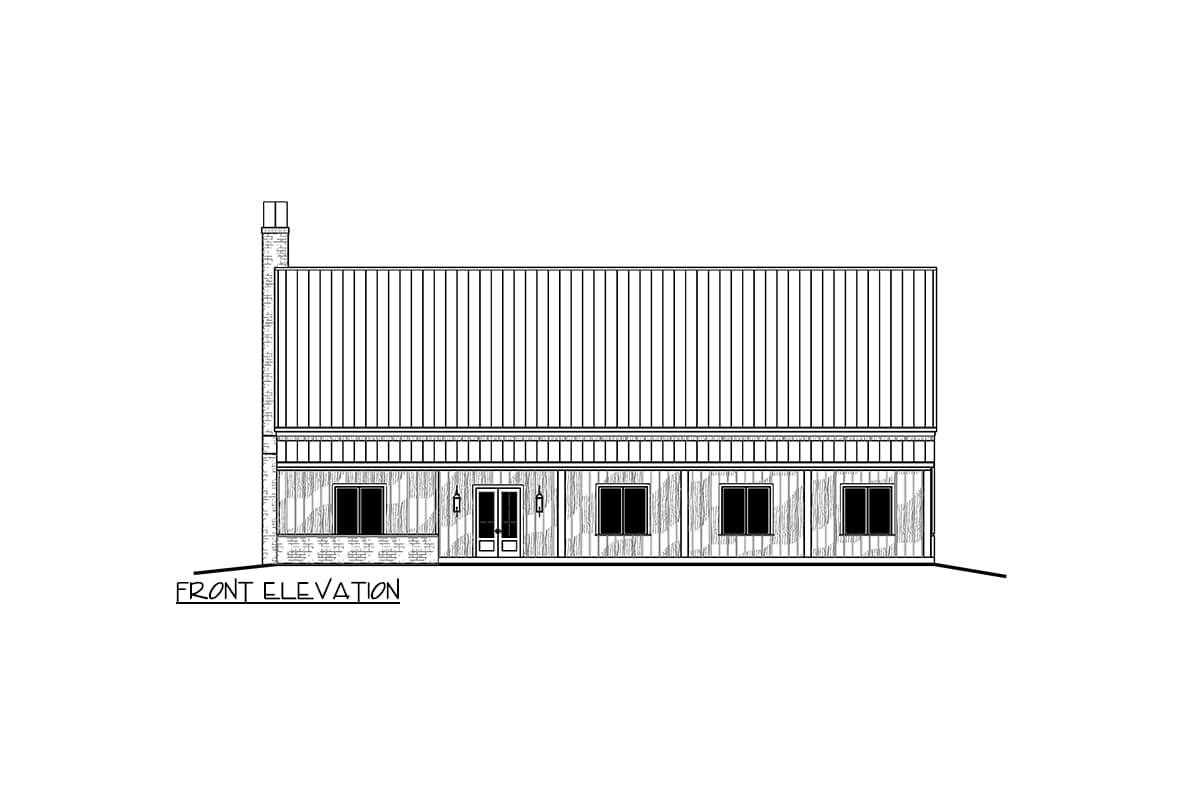 Front elevation drawing of a house plan showing a metal roof, brick chimney, double doors, and multiple windows.