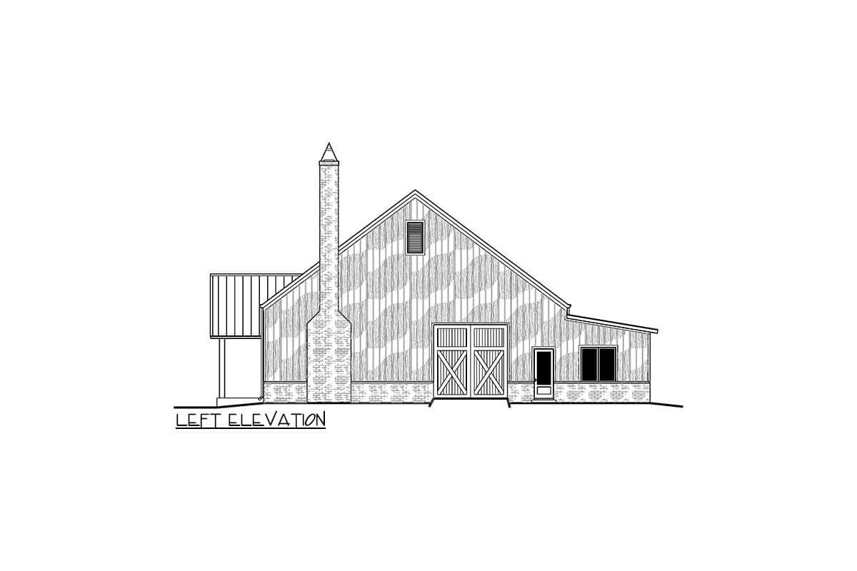 Left elevation of a barn-style house plan featuring double barn doors, a large chimney, and a shed roof section.