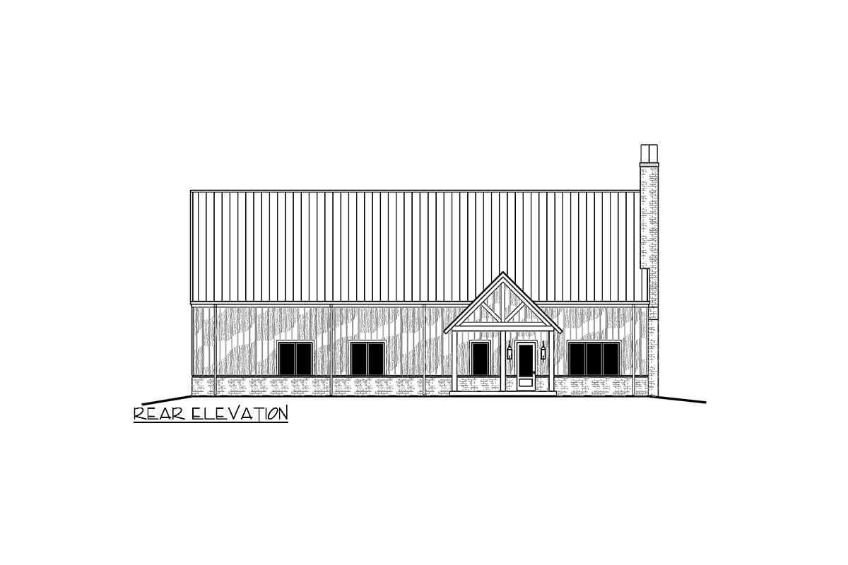 Rear elevation drawing of a house with a metal roof, gabled entryway, and several windows.