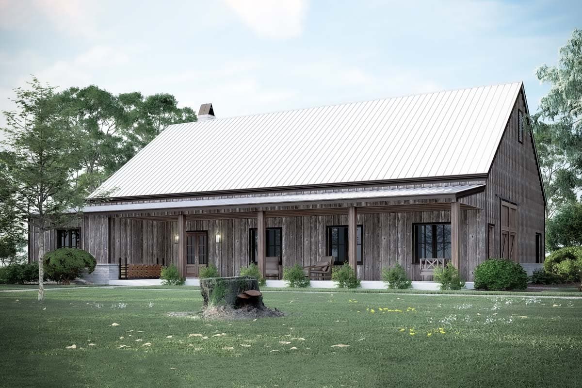 Modern farmhouse house plan exterior with a wraparound porch, standing seam metal roof, and vertical wood siding.