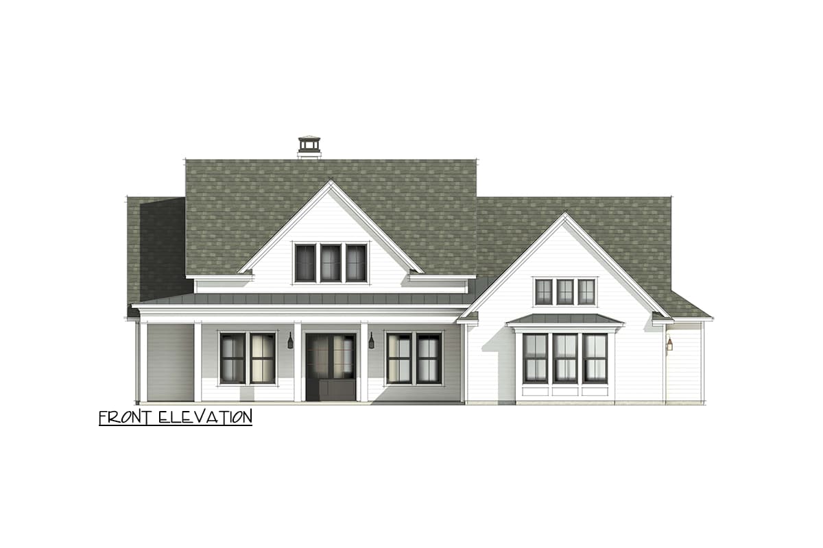 Front elevation of a Modern Farmhouse plan. Features a covered porch, multiple gables, and a bay window.