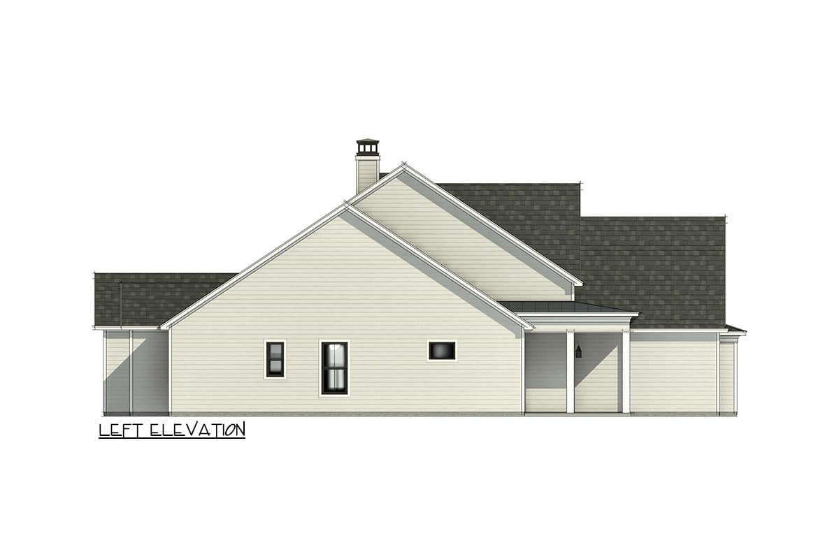 Left elevation of a house plan featuring a gabled roof, chimney, and covered entry porch with columns.