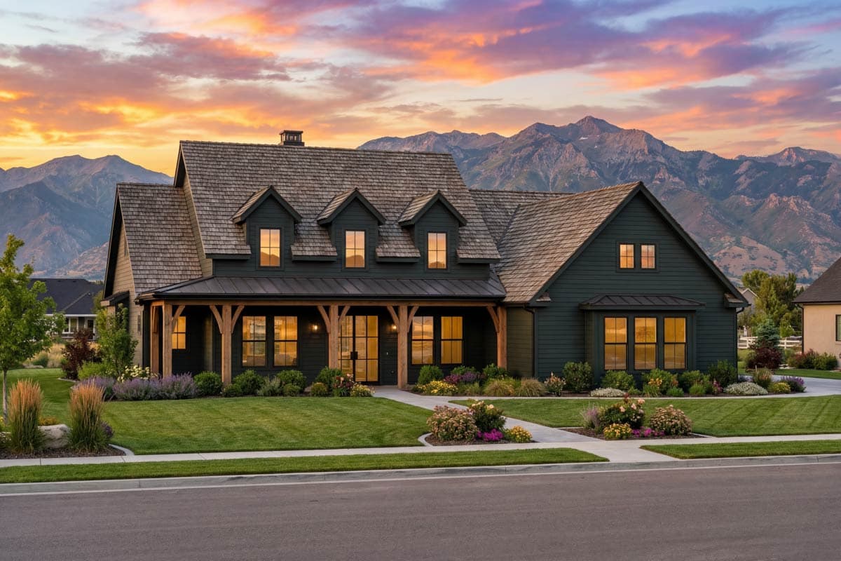 Modern farmhouse house plan exterior with a prominent covered porch, dormers, and cedar shingle roof.