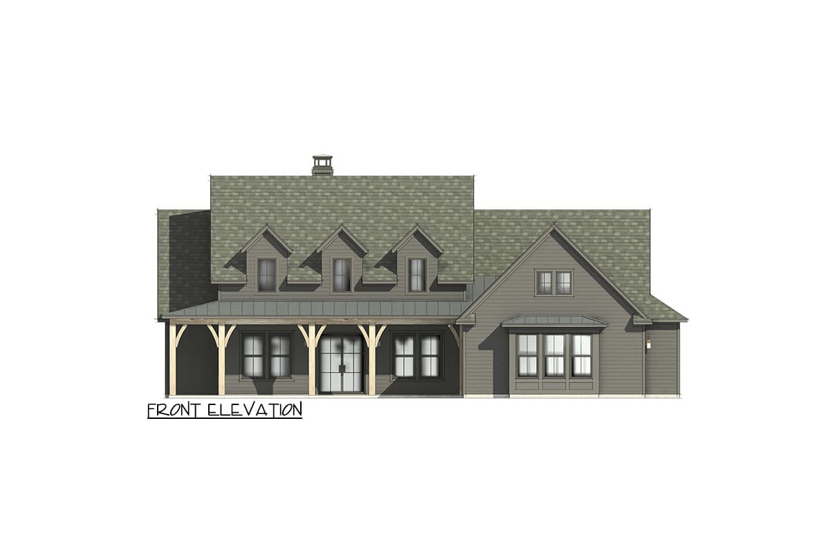 Front elevation house plan showing a Modern Farmhouse style with a covered porch, gables, dormers, and bay windows.