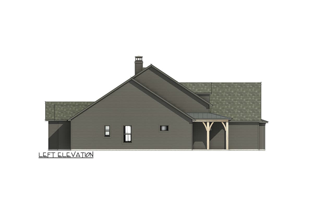Left elevation of a house plan showing a gable roof, chimney, and covered entry with wooden posts.