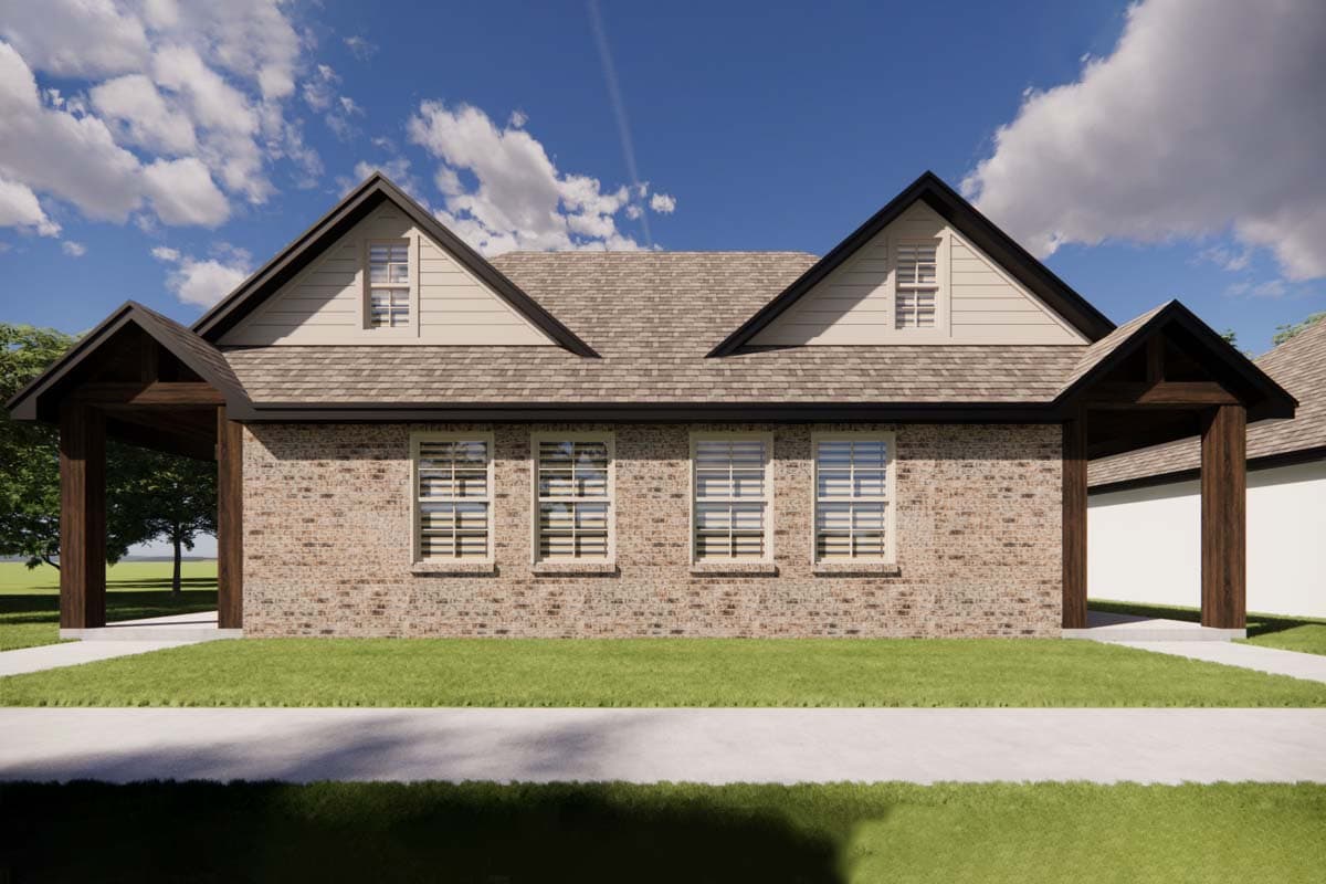 House plan exterior. One-story brick home with gabled roof, three windows, and two covered porch entries supported by wooden posts.