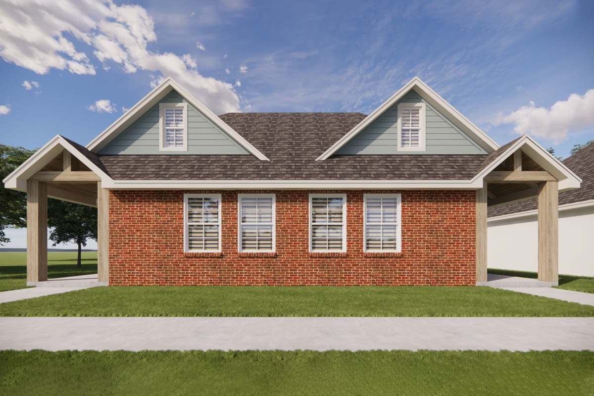 House plan exterior of a one-story home with red brick, gable dormers, and exposed rafter tails on covered porches.
