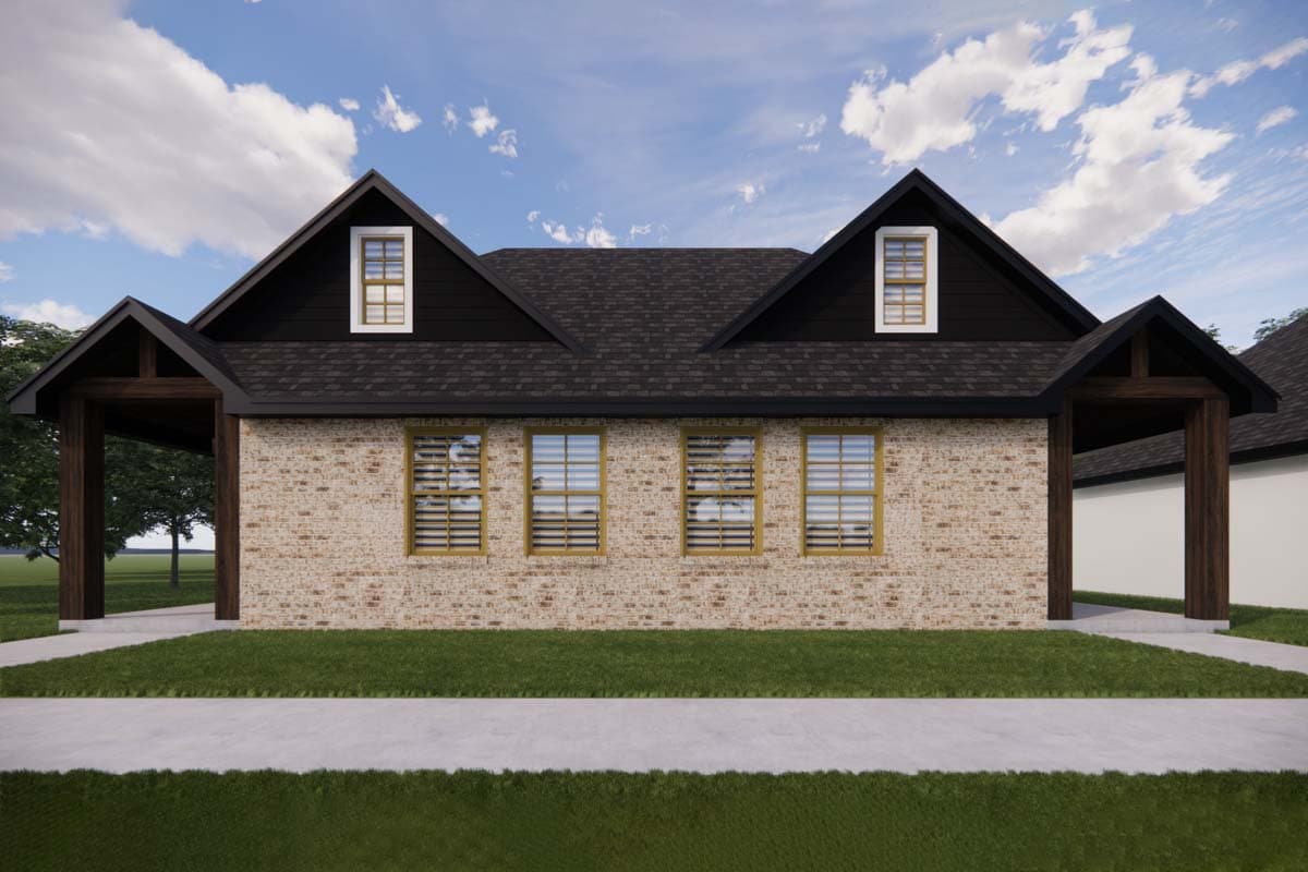 House plan exterior: One-story modern farmhouse with brick facade, dark gables, and covered porches.