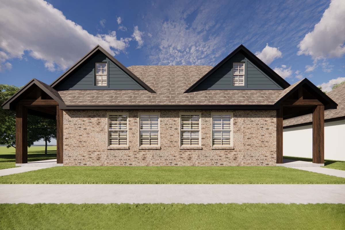 House plan exterior rendering of a one-story home with brick facade, gable dormers, and covered entryways.