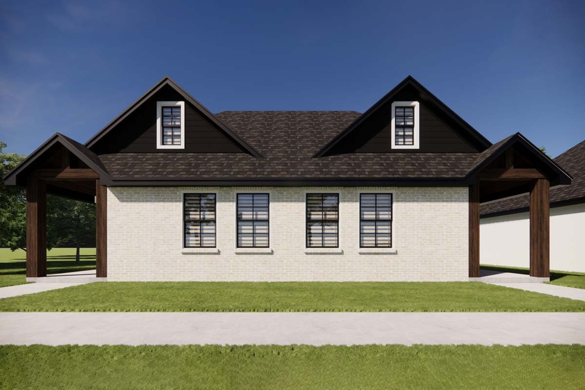 House plan exterior: Single-story Modern Farmhouse with white brick, prominent gables, and covered entryways.