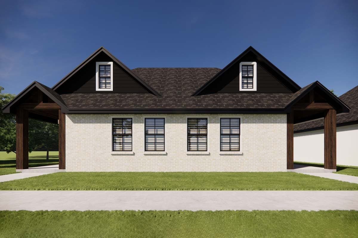 House plan exterior with white brick facade, dark gables, dormers, and covered entryways supported by dark wood posts.