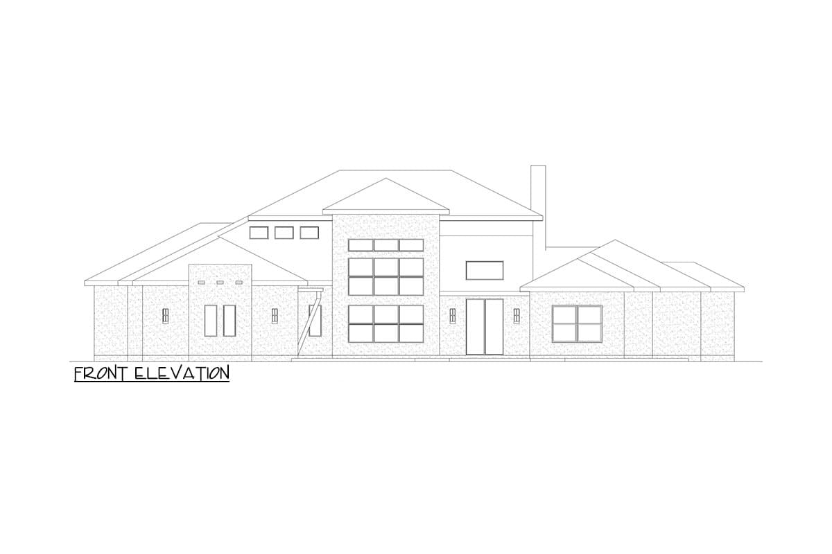 Front elevation drawing of a two-story house with a brick facade, asymmetrical rooflines, and large multi-pane windows.