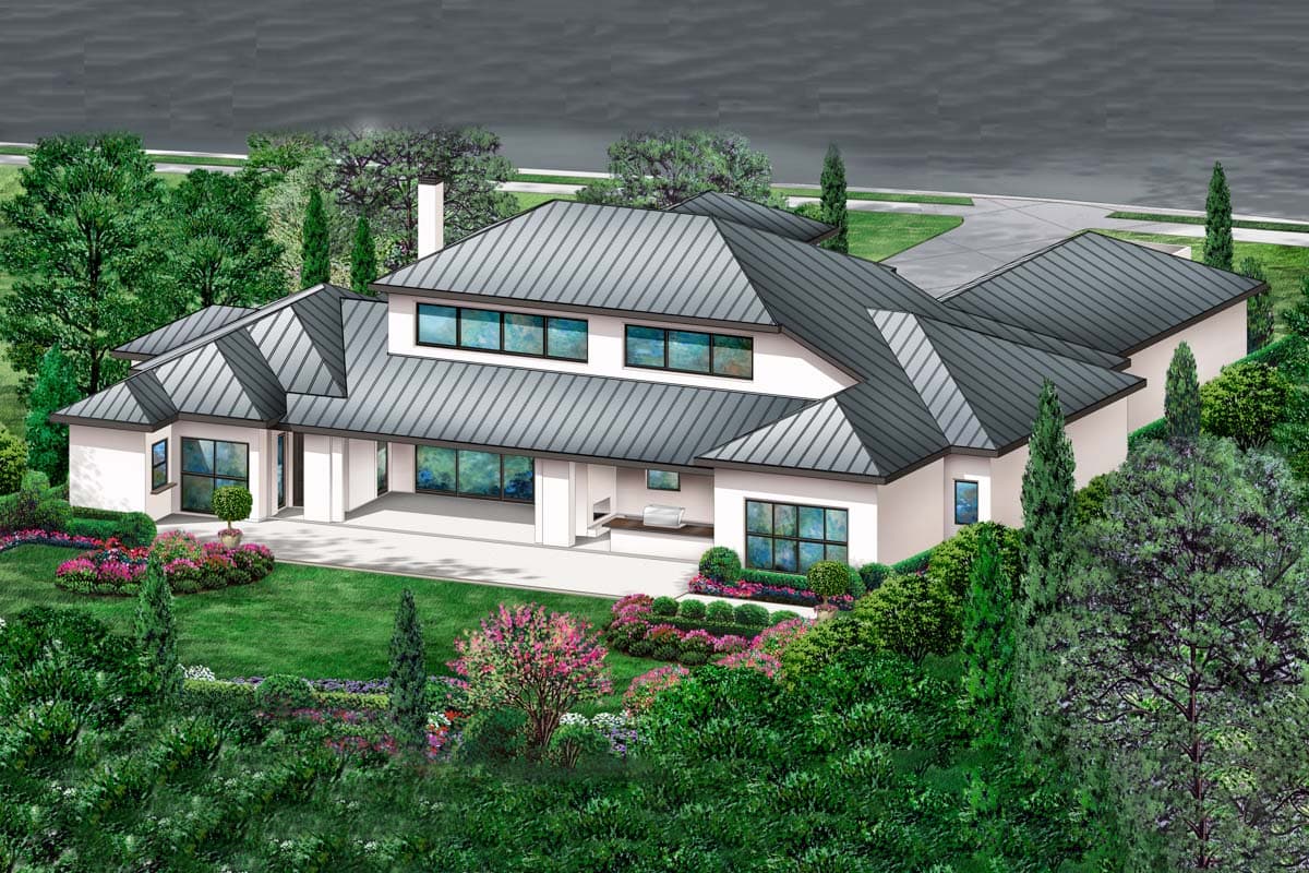 Modern house plan exterior with standing seam metal roof, large windows, covered patio, and outdoor kitchen.