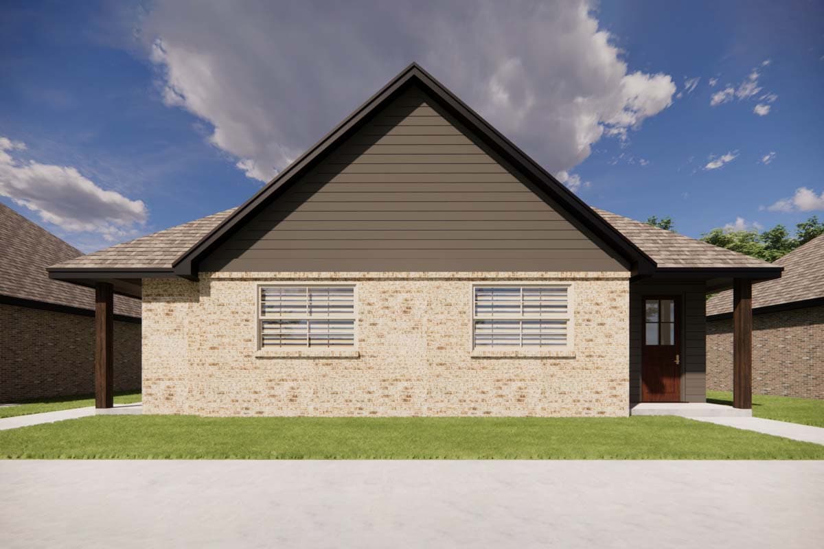 House plan exterior, one story, light brick, covered front entry with dark trim, two windows, gable with horizontal siding.