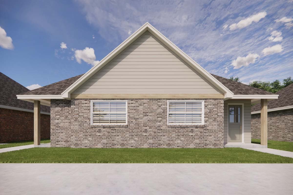 House plan exterior with brick facade, gable end siding, two windows, and covered entry.