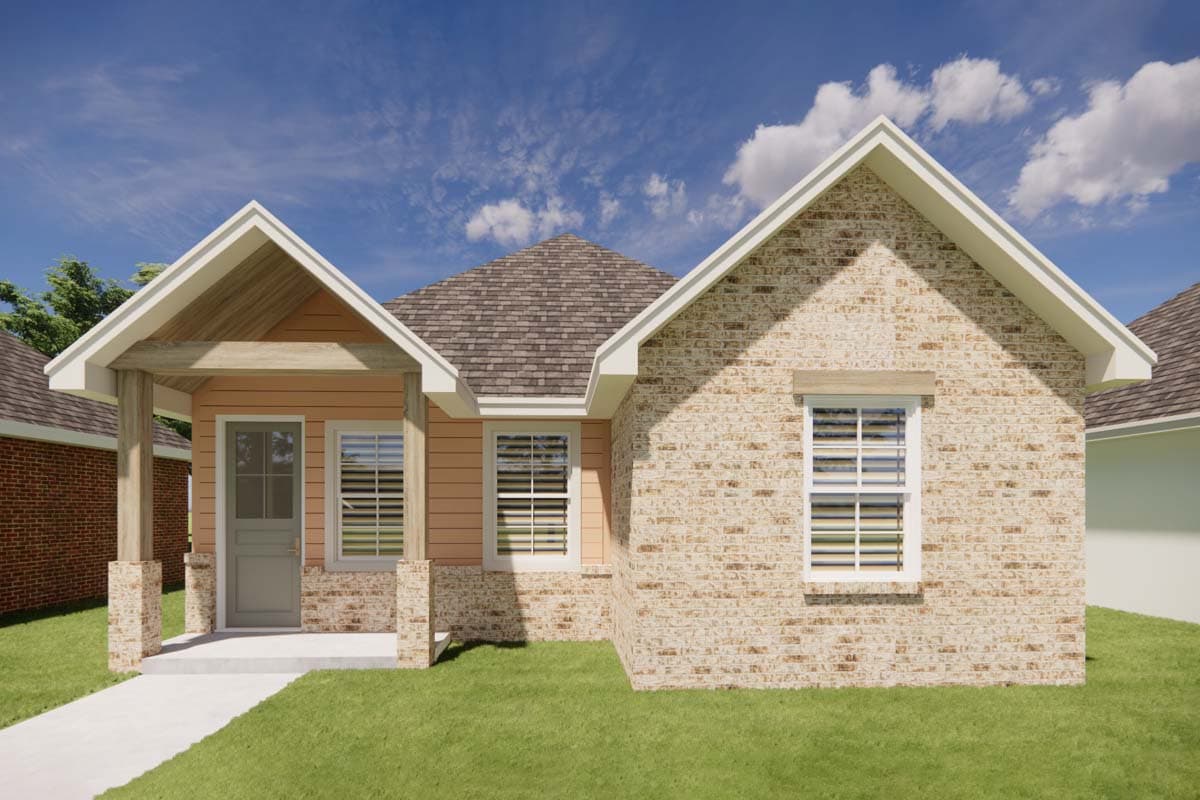 House plan exterior with Craftsman style elements. Features include a front porch with exposed rafters, brick accents, and multiple gables.
