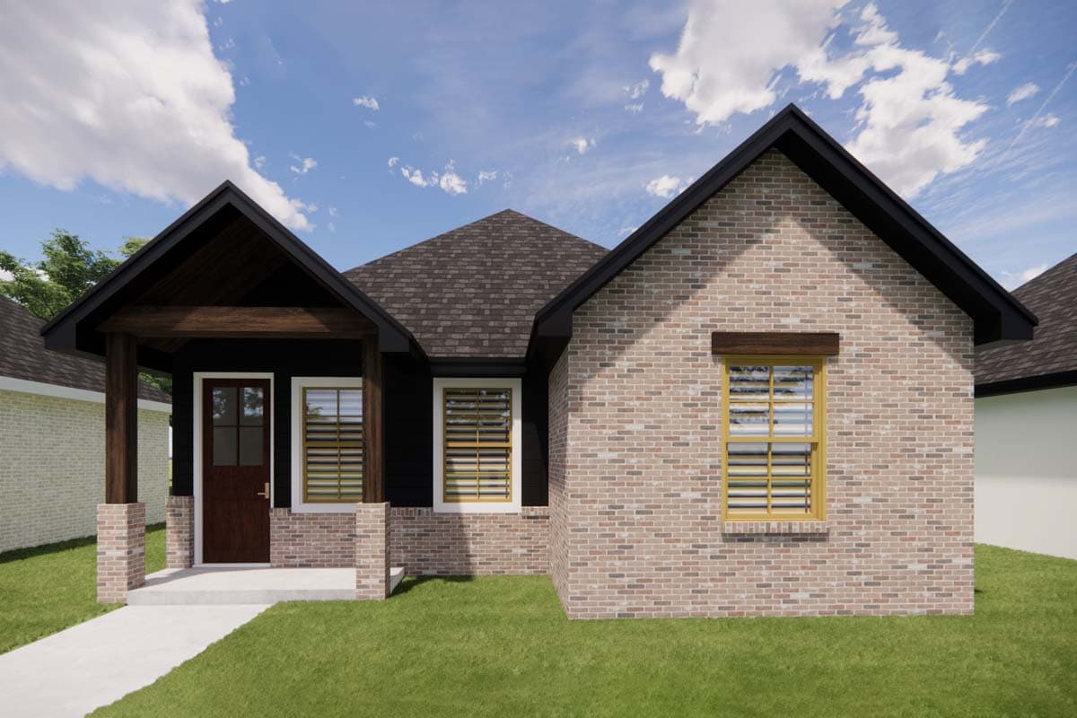 House plan exterior with brick and dark siding, covered porch with wood beams, and multiple gables.