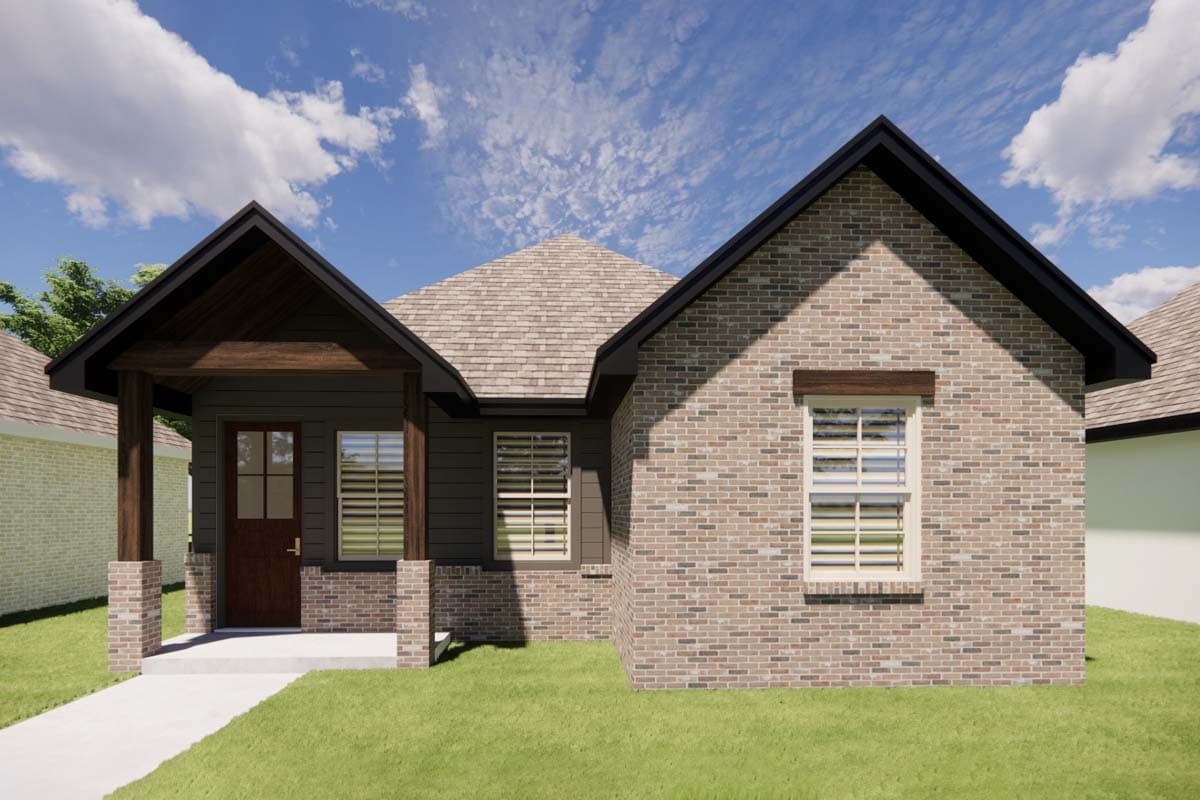 House plan exterior with brick and siding, covered front porch with exposed beams, and gabled rooflines.