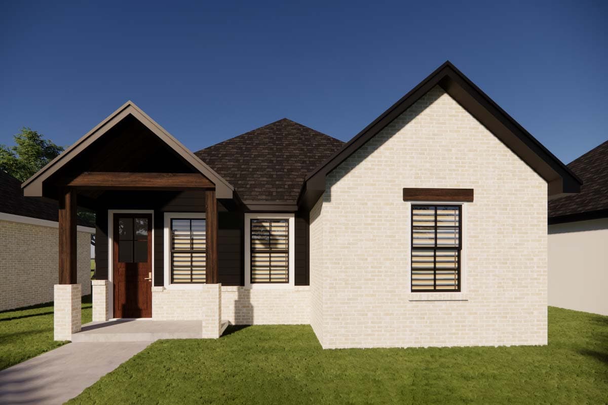 House plan exterior: Single-story home with a covered porch featuring exposed beams, gable rooflines, and white brick siding.