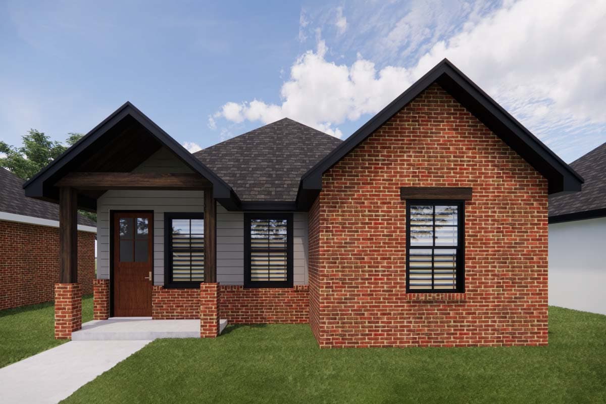 House plan exterior: Ranch style, brick and siding, covered porch with wooden beams, gabled rooflines.