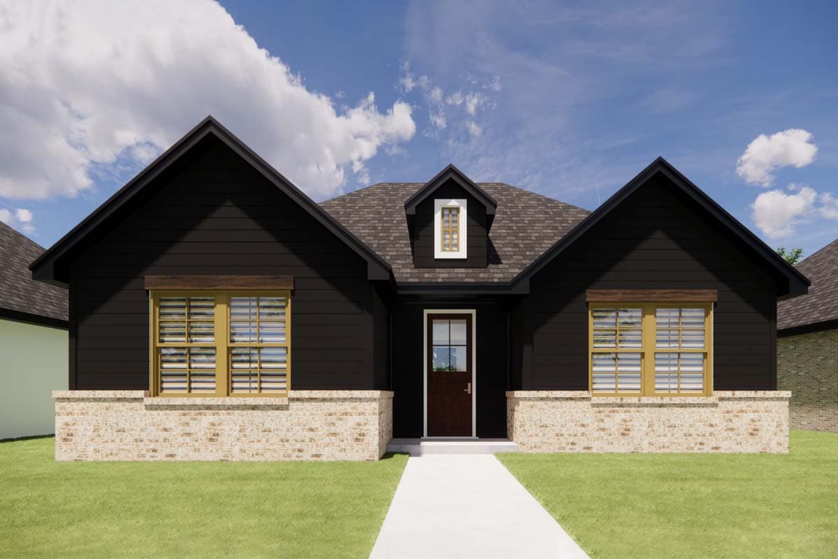 House plan exterior: Modern Ranch style, single-story, with dark horizontal siding, gabled roof, dormer, and brick base.
