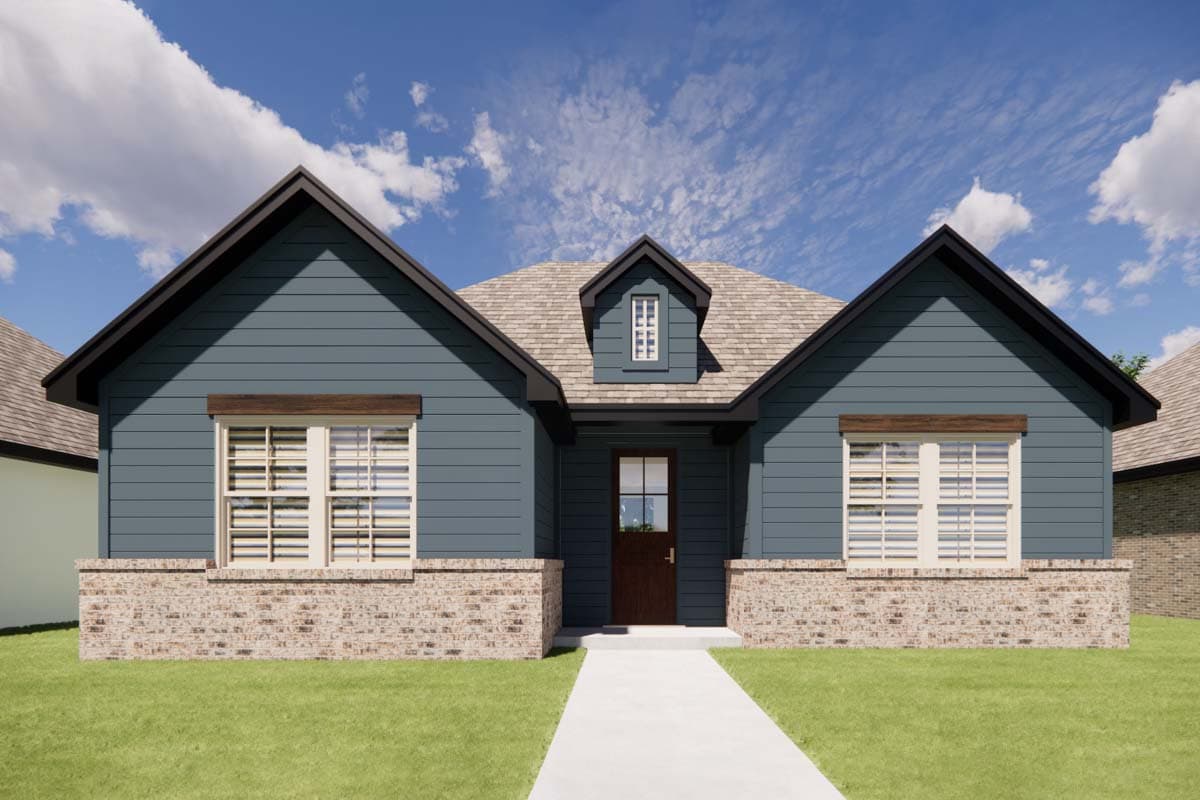 House plan exterior: one-story Modern Farmhouse with prominent gables, a central dormer, brick base, and a covered entry.
