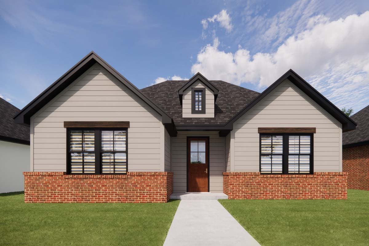House plan exterior: Modern Farmhouse style, single story, with prominent gables, dormer, and brick foundation.