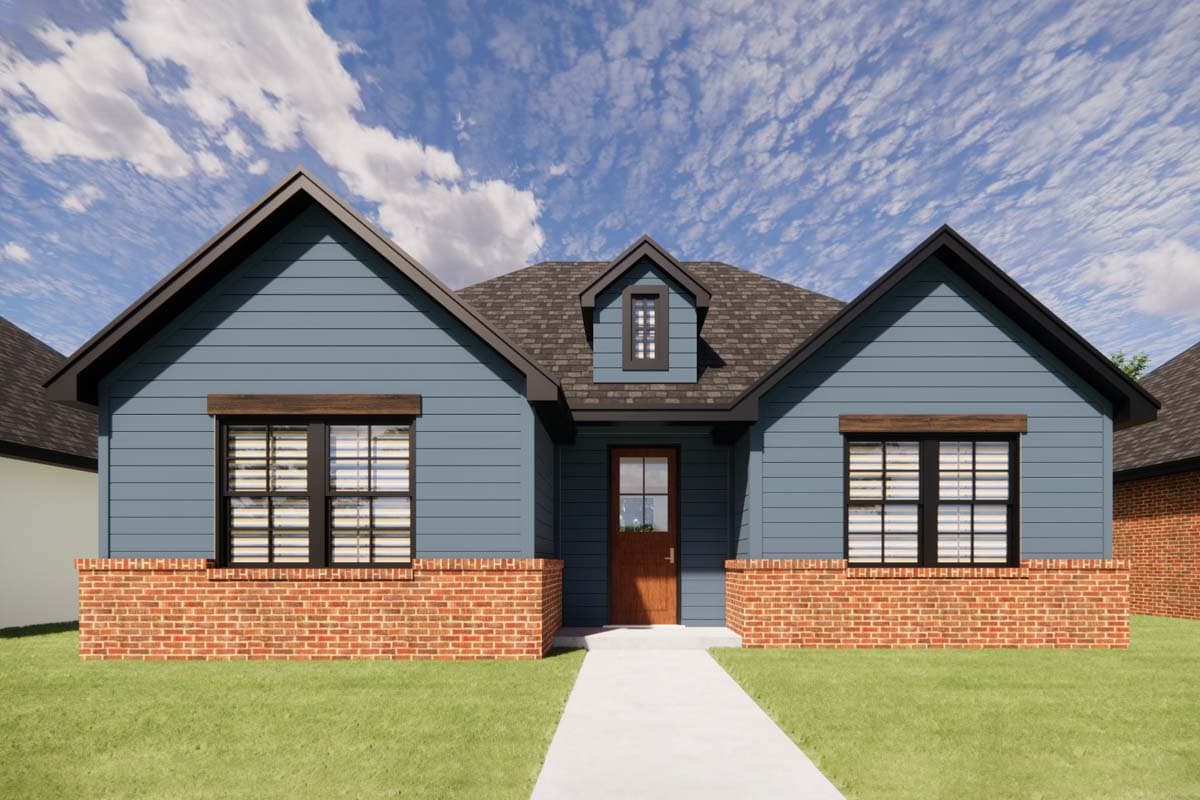 House plan exterior: Modern Farmhouse style with blue siding, brick foundation, dormer, and gabled rooflines.