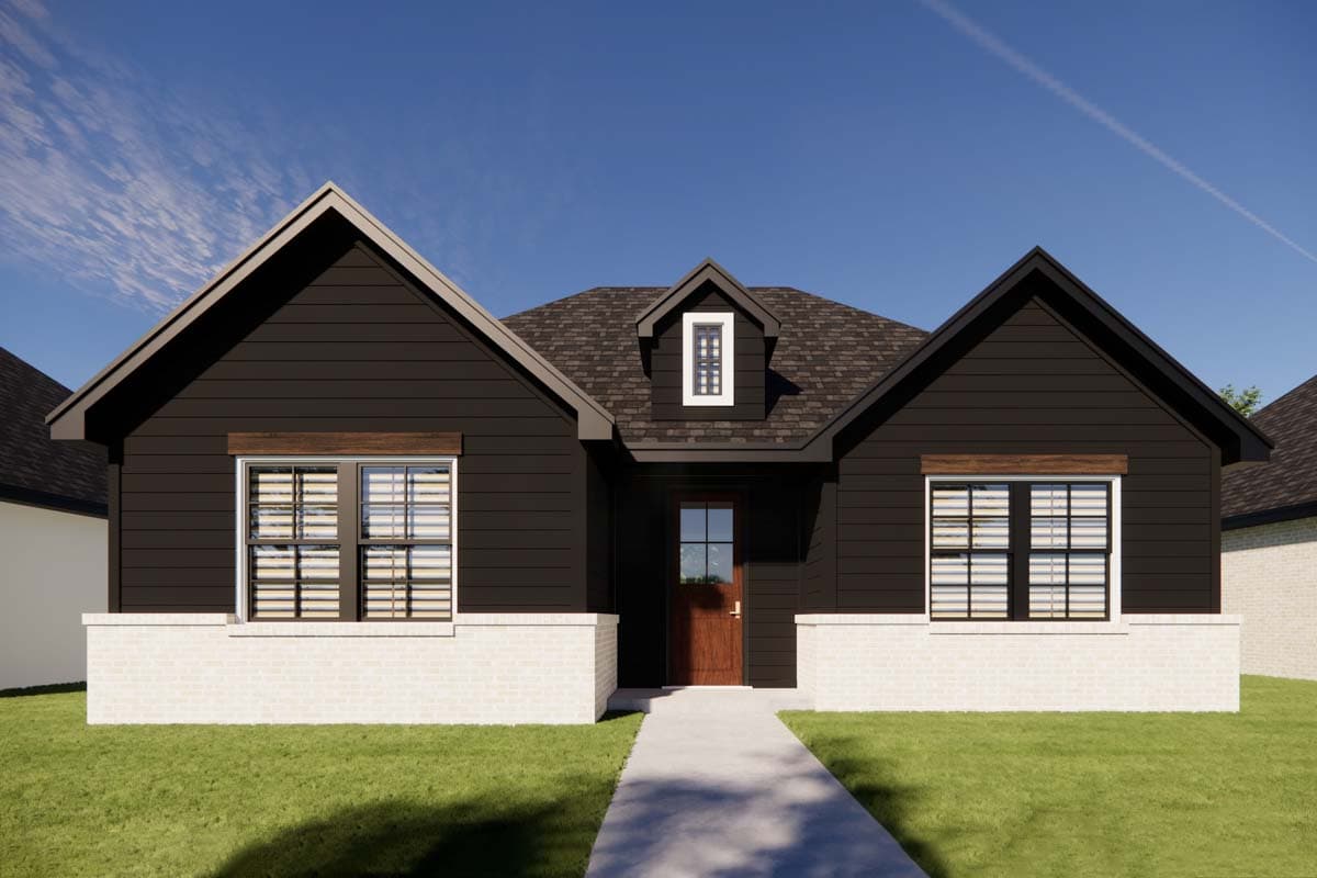House plan exterior with dark siding, white brick foundation, large gables, dormer, and wood accents.