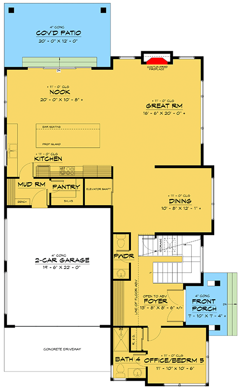 Plan 666239RAF: 3-Story Modern House Plan with Elevator and Front Garage - 4237 Sq Ft - Floor Plan - Main Level - Contemporary, Mid Century Modern, Modern