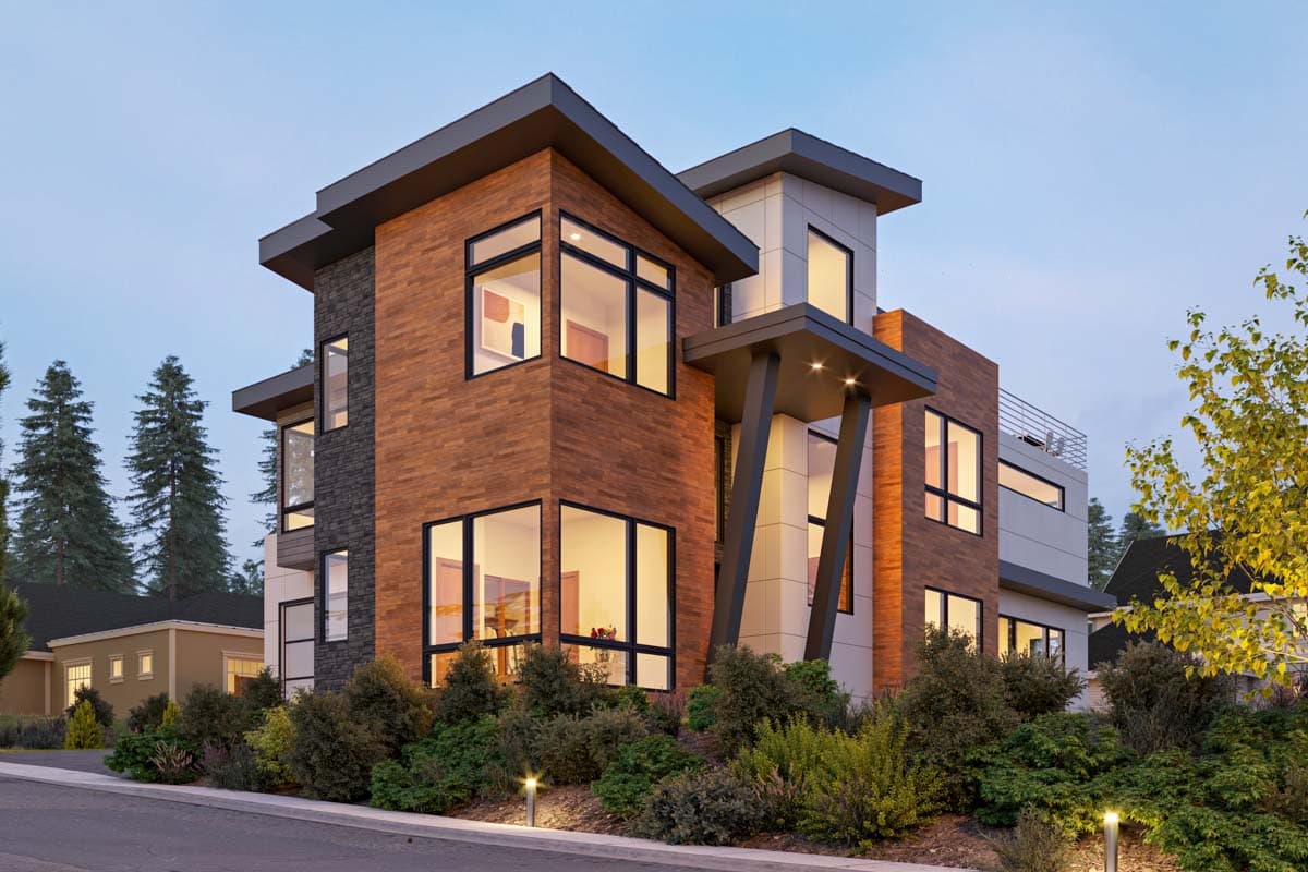 Modern house plan exterior with wood and stone facade, multiple gables, and large windows.