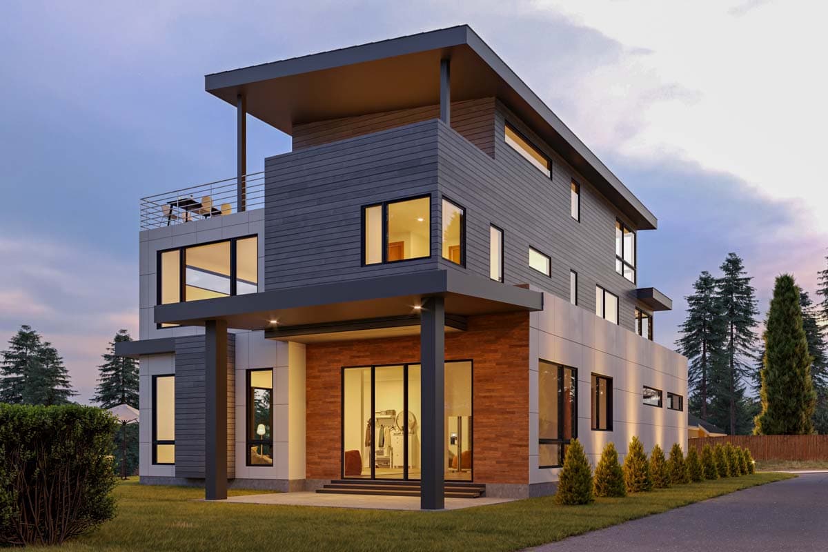 House plan exterior of a multi-story modern home with a cantilevered balcony, lap siding, and large windows.