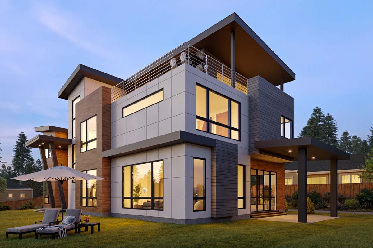 Plan 666239RAF: 3-Story Modern House Plan with Elevator and Front Garage - 4237 Sq Ft - Image #4 - Contemporary, Mid Century Modern, Modern