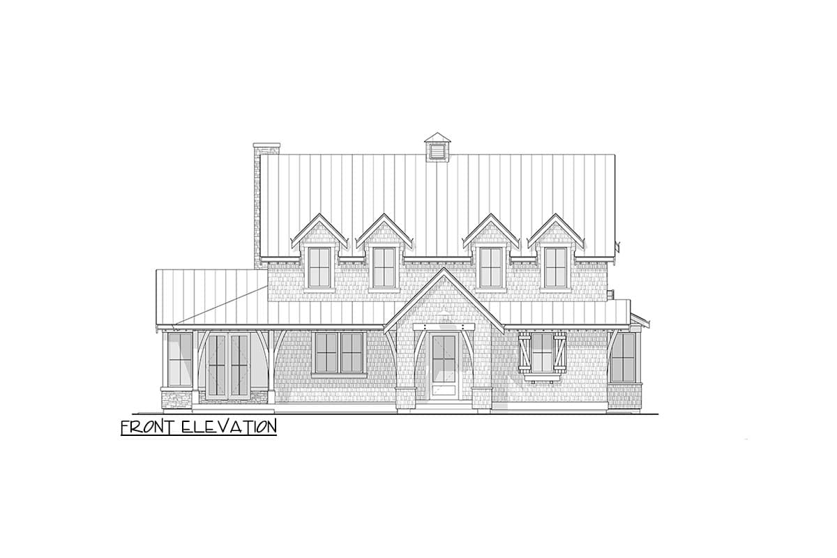 Front elevation drawing of a two-story house plan featuring a metal roof, multiple dormers, and a covered front porch with stone accents.
