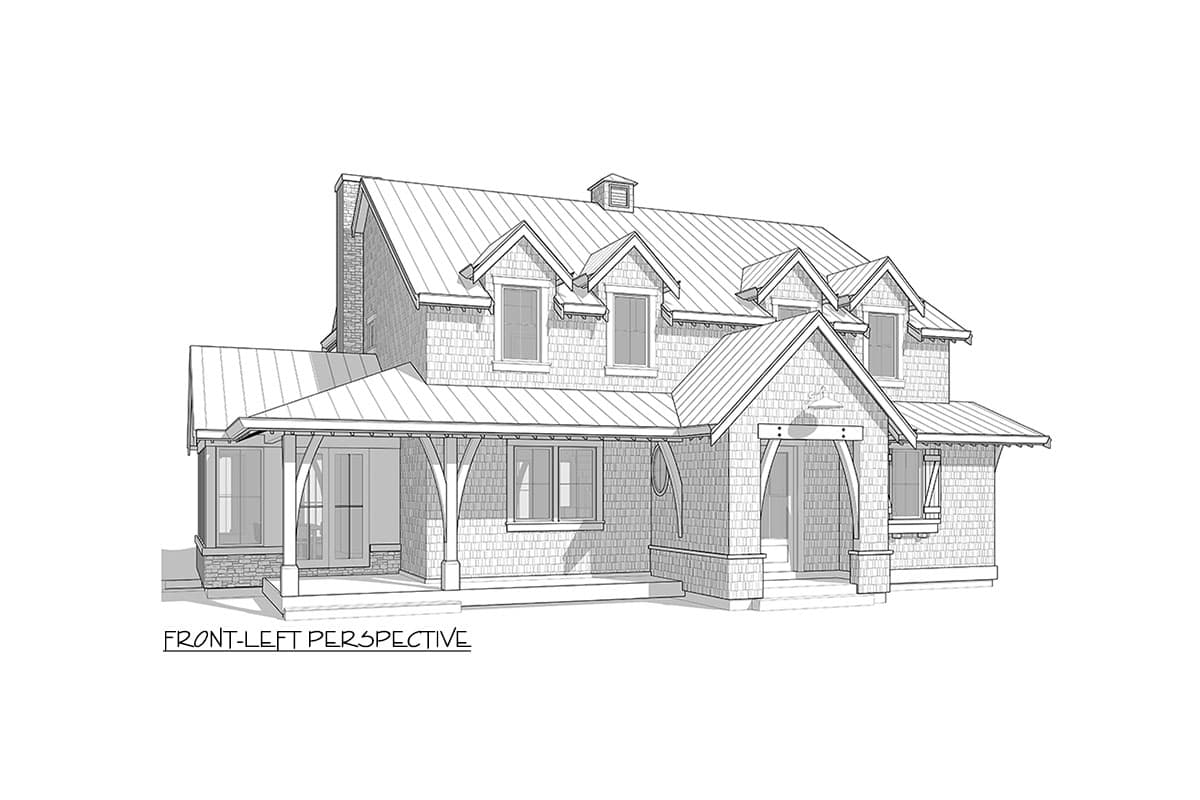 House plan exterior: two-story, steeply pitched metal roof, multiple gables, wide covered porch with decorative beams, stone accents.