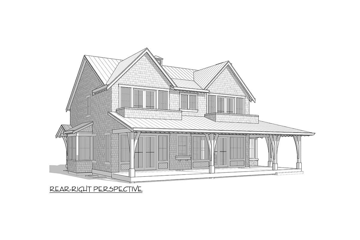 House plan exterior perspective shows a two-story home with a wrap-around porch, gables, dormers, and a bay window.