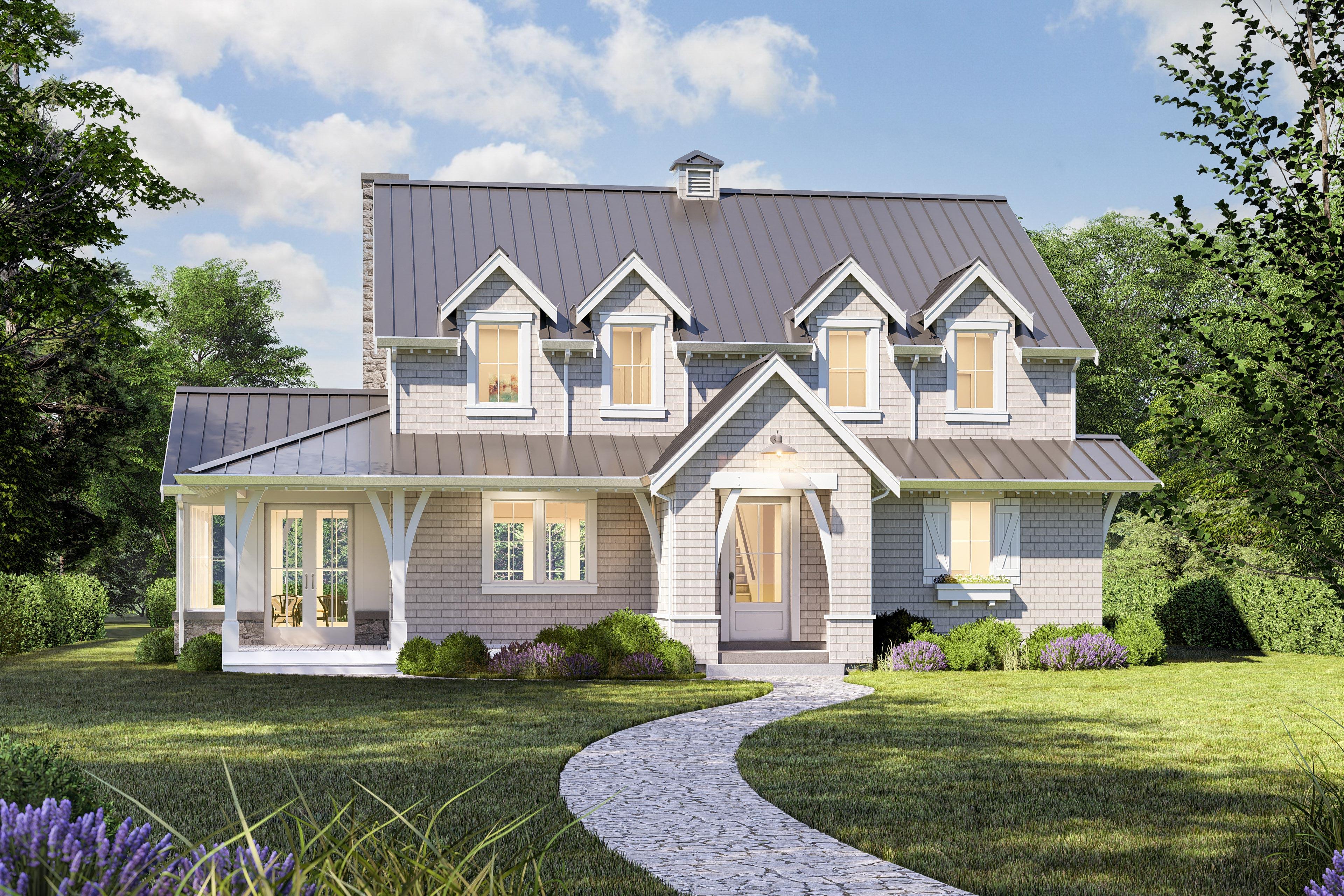 House plan exterior. Two-story farmhouse with gabled dormers, a wraparound porch, and a metal roof. A stone path leads to the front door.