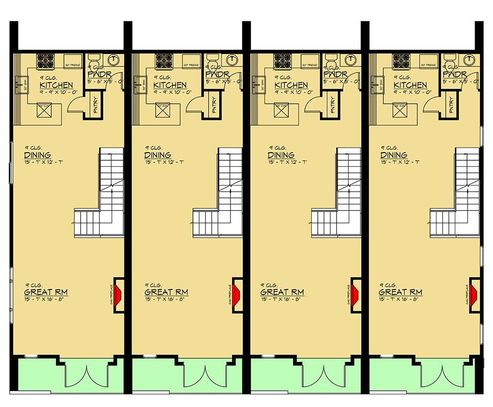 Plan 666240RAF: 4-Family Modern Scandinavian Style House Plan with 2 Bed Units Under 1700 Sq Ft - Floor Plan - Main Level