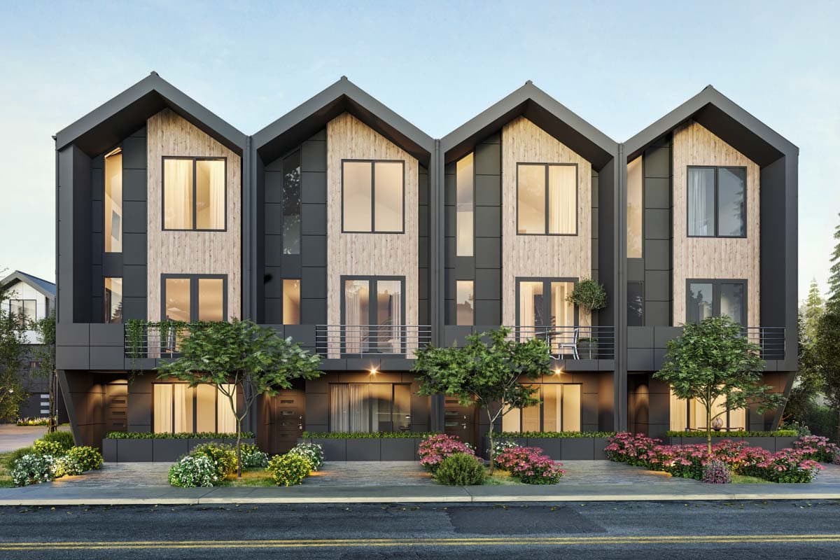 House plan exterior. Modern townhouse with two stories, gabled roofs, balconies, and wood and dark siding. Large windows.