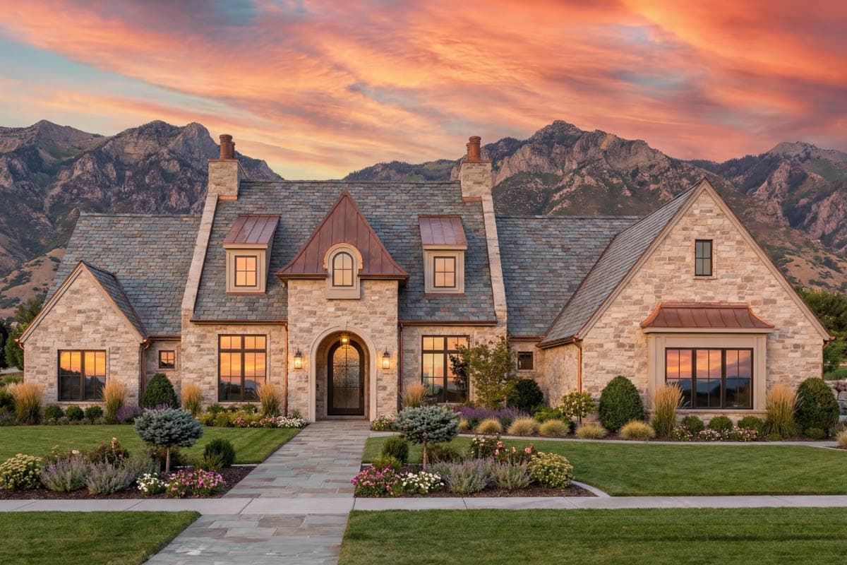 House plan exterior: stone two-story with arched entryway, multiple gables, dormer windows, and copper roof accents.