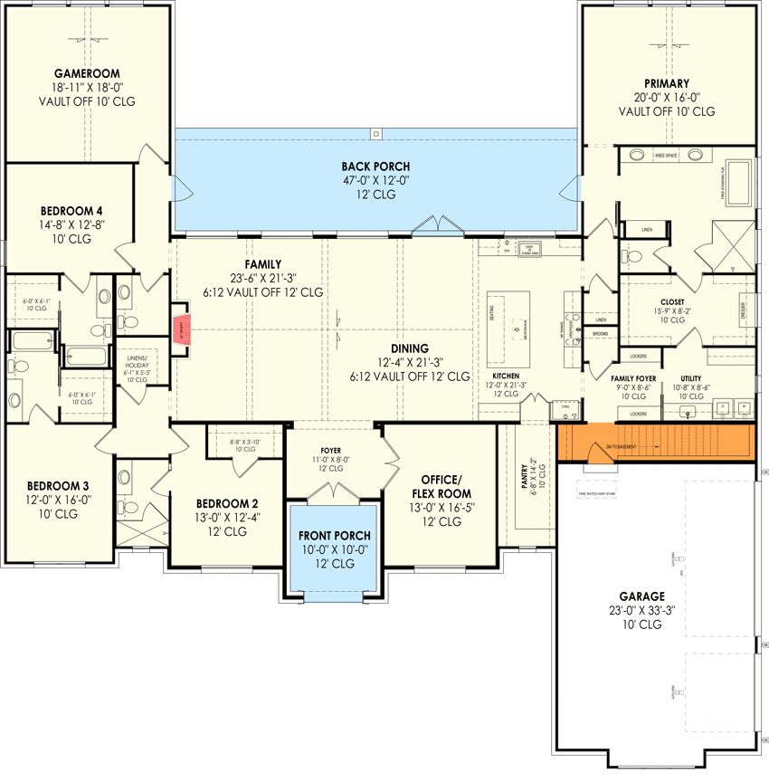 Plan 818085JSS: 4001 Square Foot Transitional House Plan with Game and Flex Rooms - Floor Plan - Main Level - Basement Foundation Option Stairs - Contemporary, European, Modern Farmhouse, Transitional