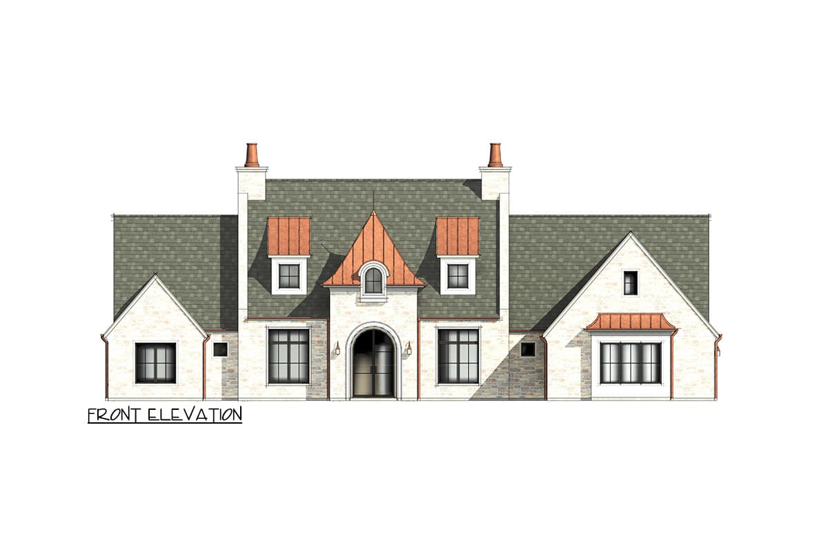 Front elevation drawing of a two-story house plan with a mansard roof, arched entryway, dormers, and stone facade.