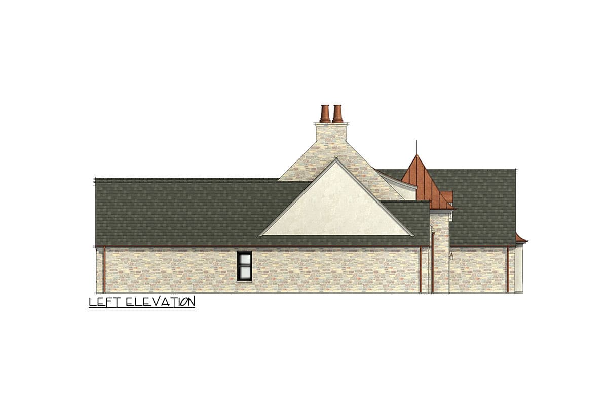 Left elevation house plan showing stone exterior, pitched rooflines, gables, and chimneys.