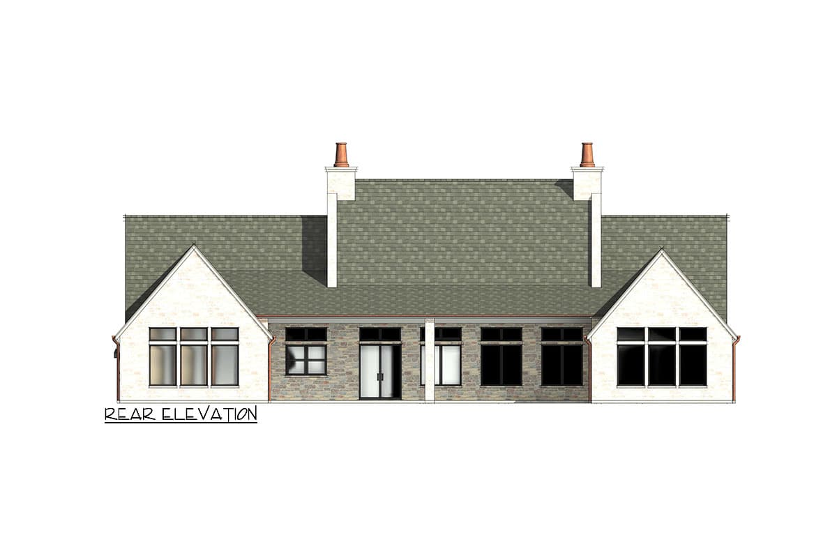 Rear elevation drawing of a one-story house with gabled sections, stone and brick siding, two chimneys, and numerous windows.