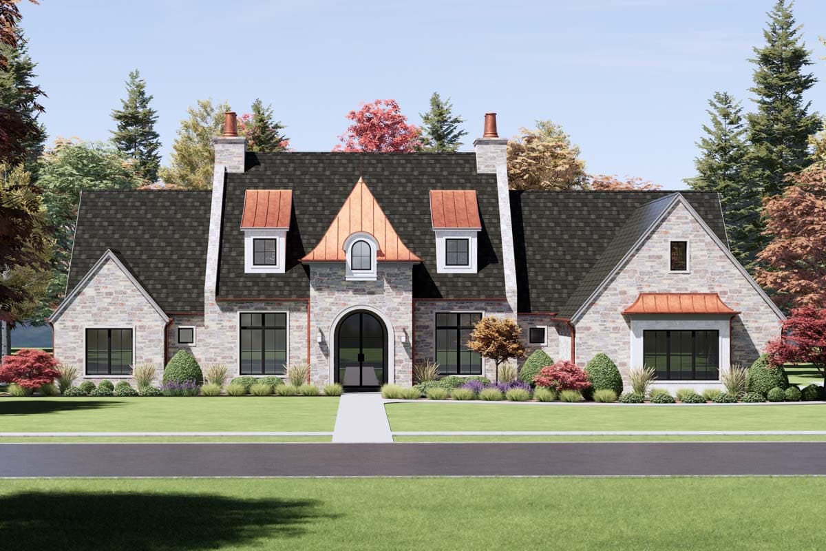 House plan exterior. Two-story European-style home with stone facade, copper accents on dormers and roof, and multiple gables.