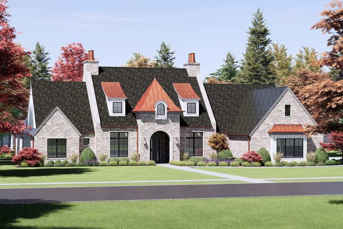 House plan exterior with stone facade, prominent gables, copper roof dormers, and arched entryway.