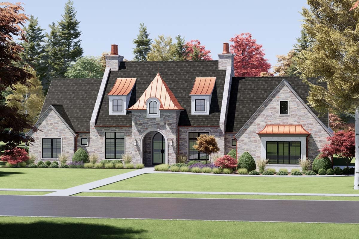House plan exterior: Stone facade, prominent gables, copper dormers and roof accents, arched entryway.