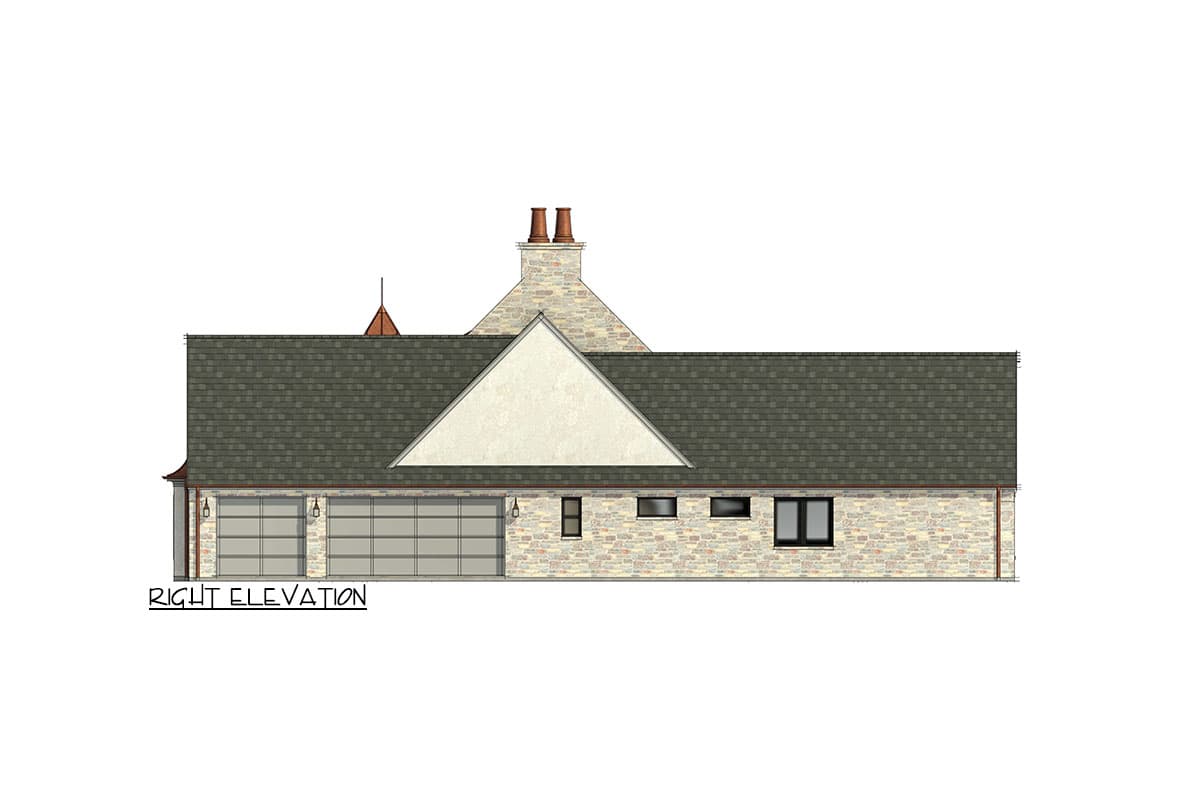 Right elevation of a house plan showing a two-car garage, stone exterior, and gabled dormer.