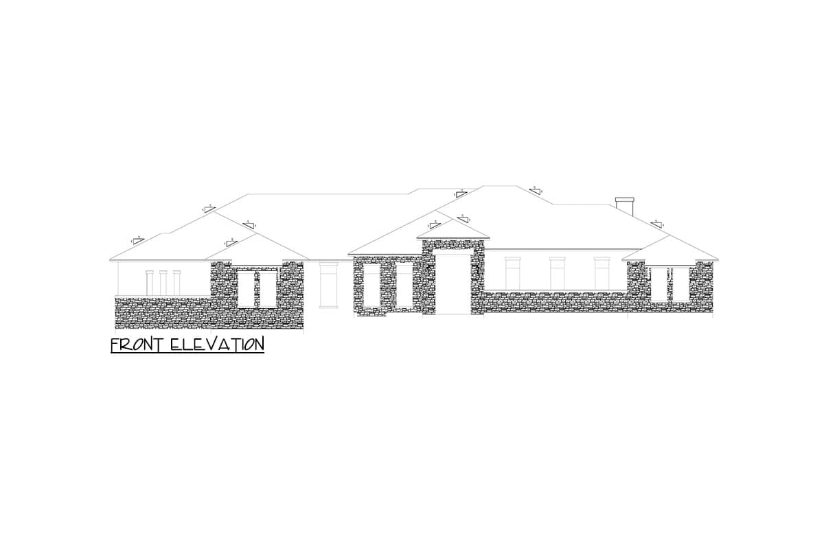 Front elevation drawing of a single-story house with stone accents, multiple gables, and a hip roof.