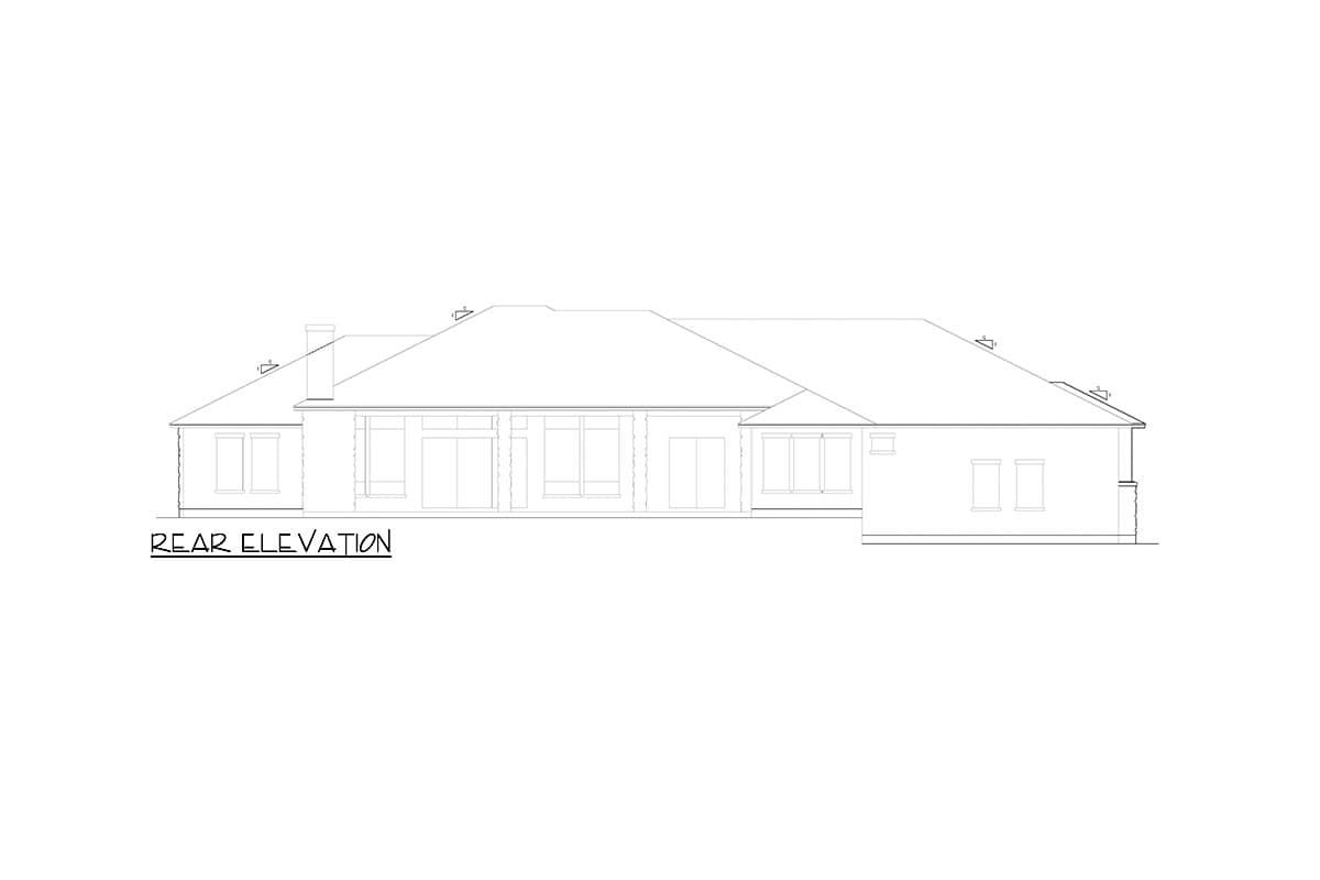 Rear elevation drawing of a single-story house plan with a long row of windows and a hip roof.